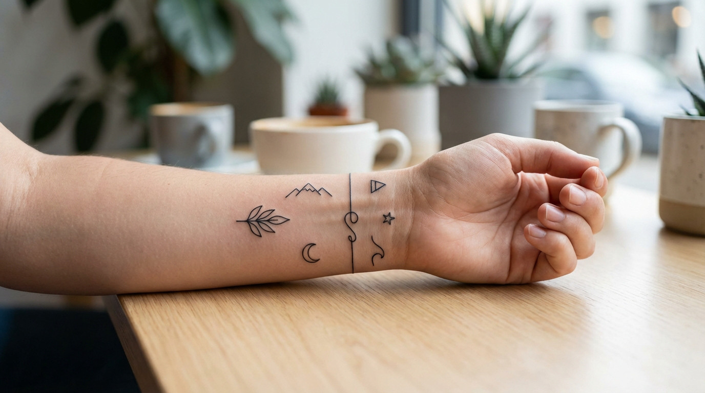 Close-up of a forearm adorned with minimalist black ink tattoos: leaf, mountains, moon, star, wave, triangle, and lines. Soft lighting, blurred cafe background.
