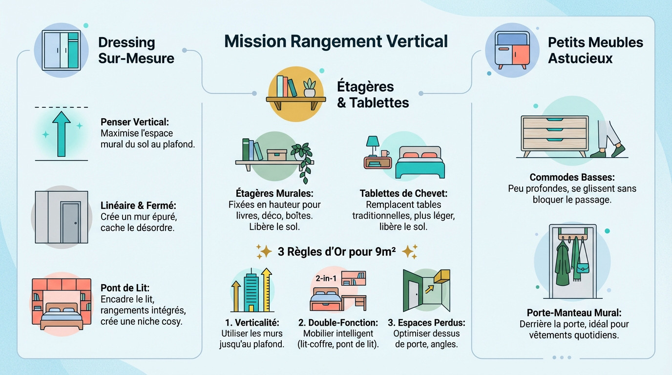 Infographie sur l'optimisation du rangement vertical dans une petite chambre cocooning