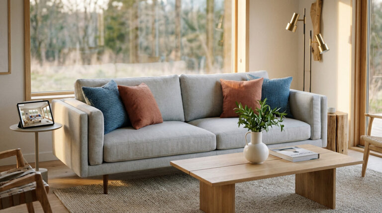 Photorealistic contemporary living room: grey sofa, blue/terracotta pillows, wood table, tablet with AI design concept, natural light.