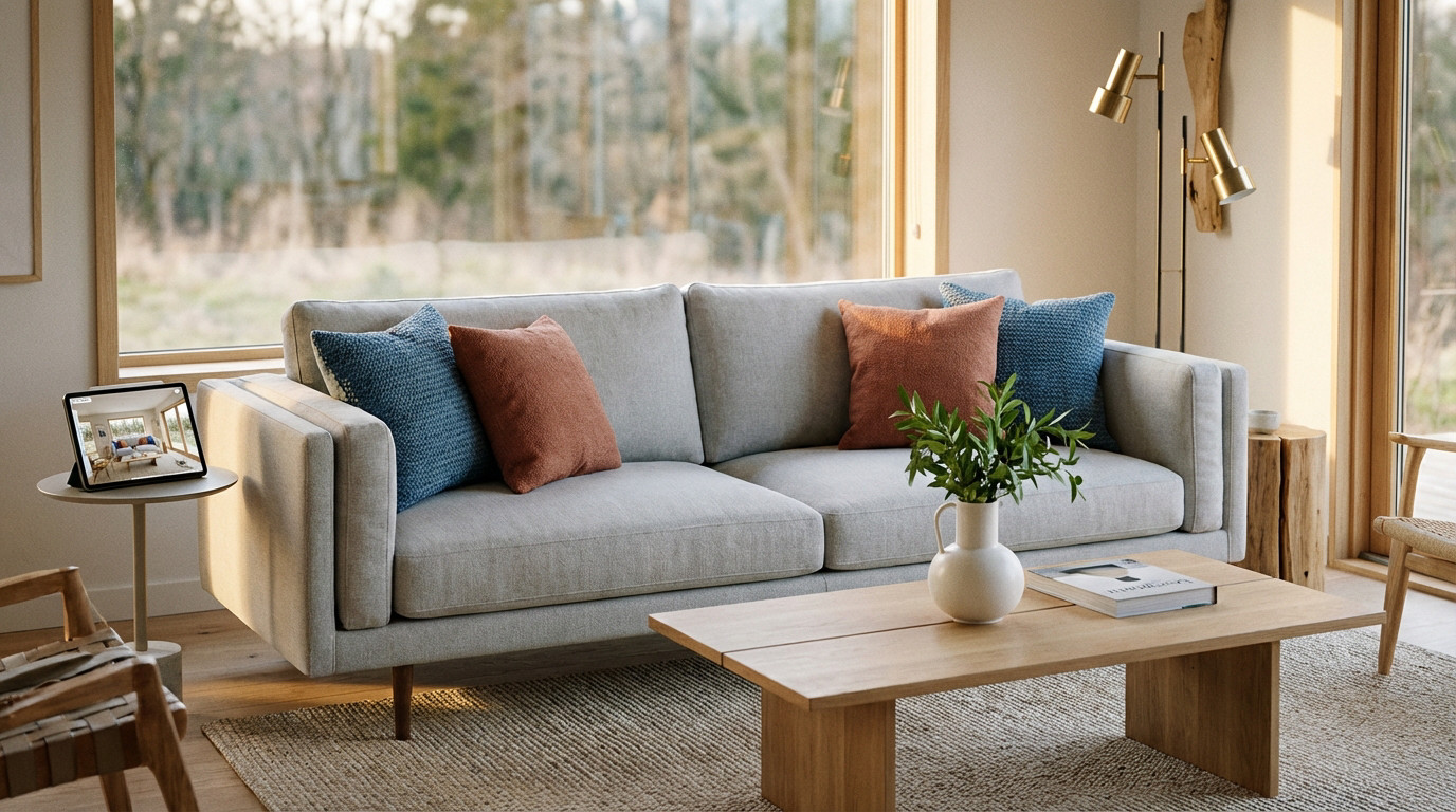 Photorealistic contemporary living room: grey sofa, blue/terracotta pillows, wood table, tablet with AI design concept, natural light.