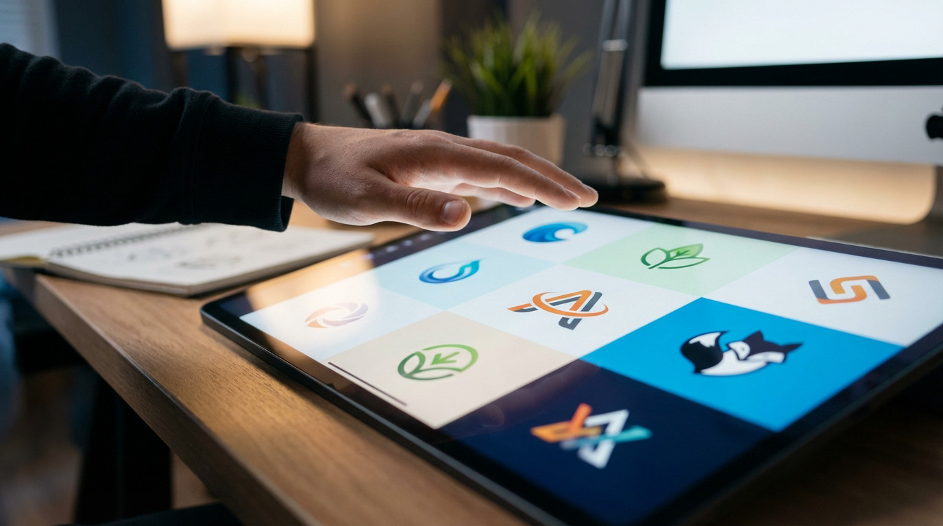Hand hovers over a tablet displaying a grid of diverse, minimalist vector logos in a modern design studio environment.
