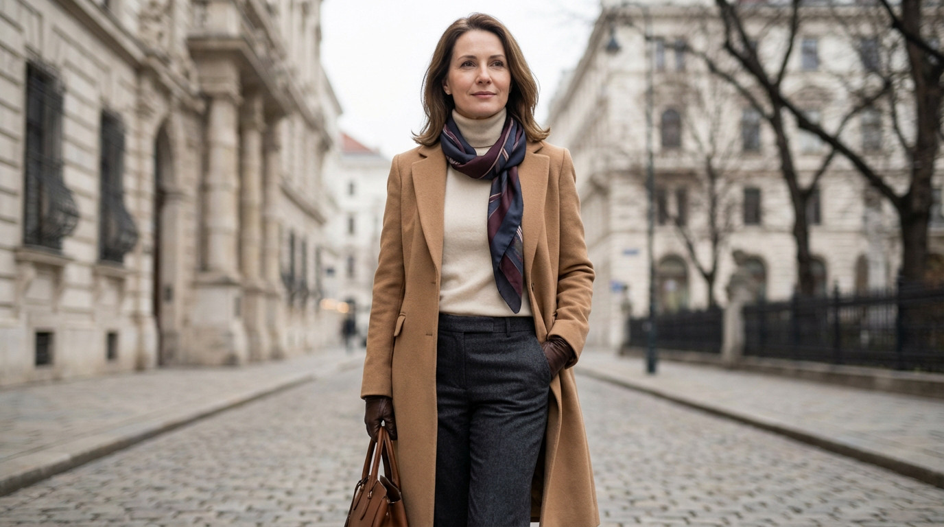 Elegant woman in camel coat, cream turtleneck, grey trousers, silk scarf, and leather gloves holds a bag on a blurred European street.