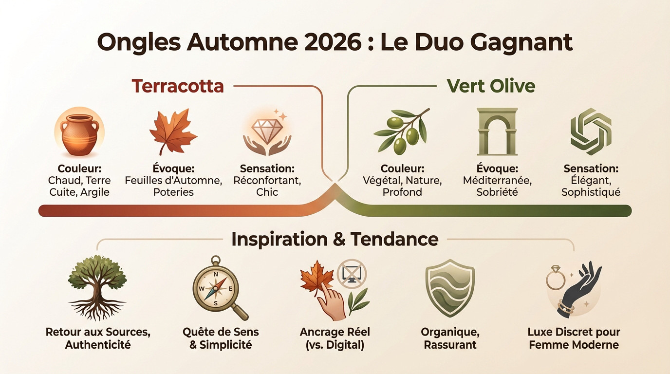 Manucure automne 2026 mettant en avant le terracotta et le vert olive