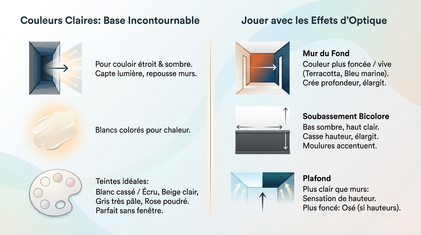 Peinture couleurs claires et effets d'optique pour agrandir un couloir étroit