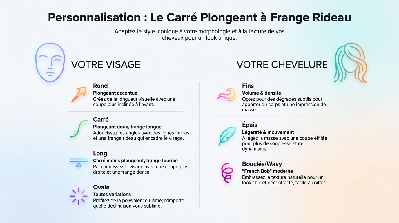 Femme portant un carré court plongeant avec frange rideau adapté à la forme de son visage