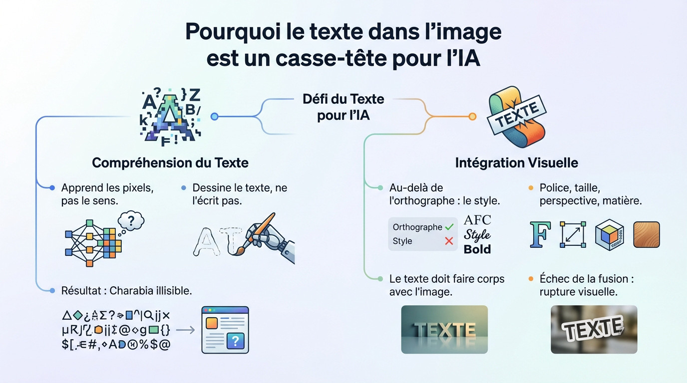Exemple typique d'erreur de génération de texte par une IA sur une affiche créative, montrant des lettres déformées