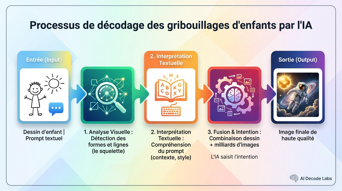 Schéma explicatif montrant comment l'intelligence artificielle analyse les traits d'un dessin d'enfant pour le transformer