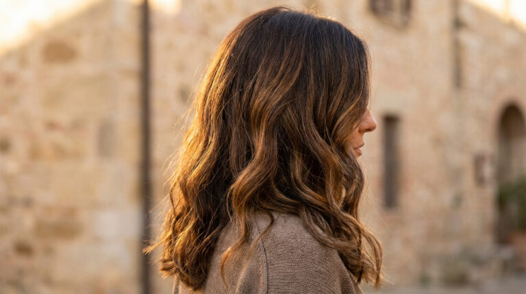 Shoulder-up profile of a person with luxurious, wavy dark brown hair, luminous caramel balayage highlights, and warm natural light. Blurred background.