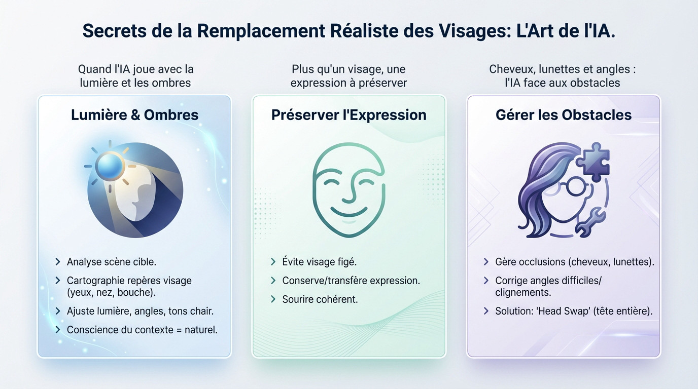 Remplacement visage IA réaliste avec gestion lumière et expression
