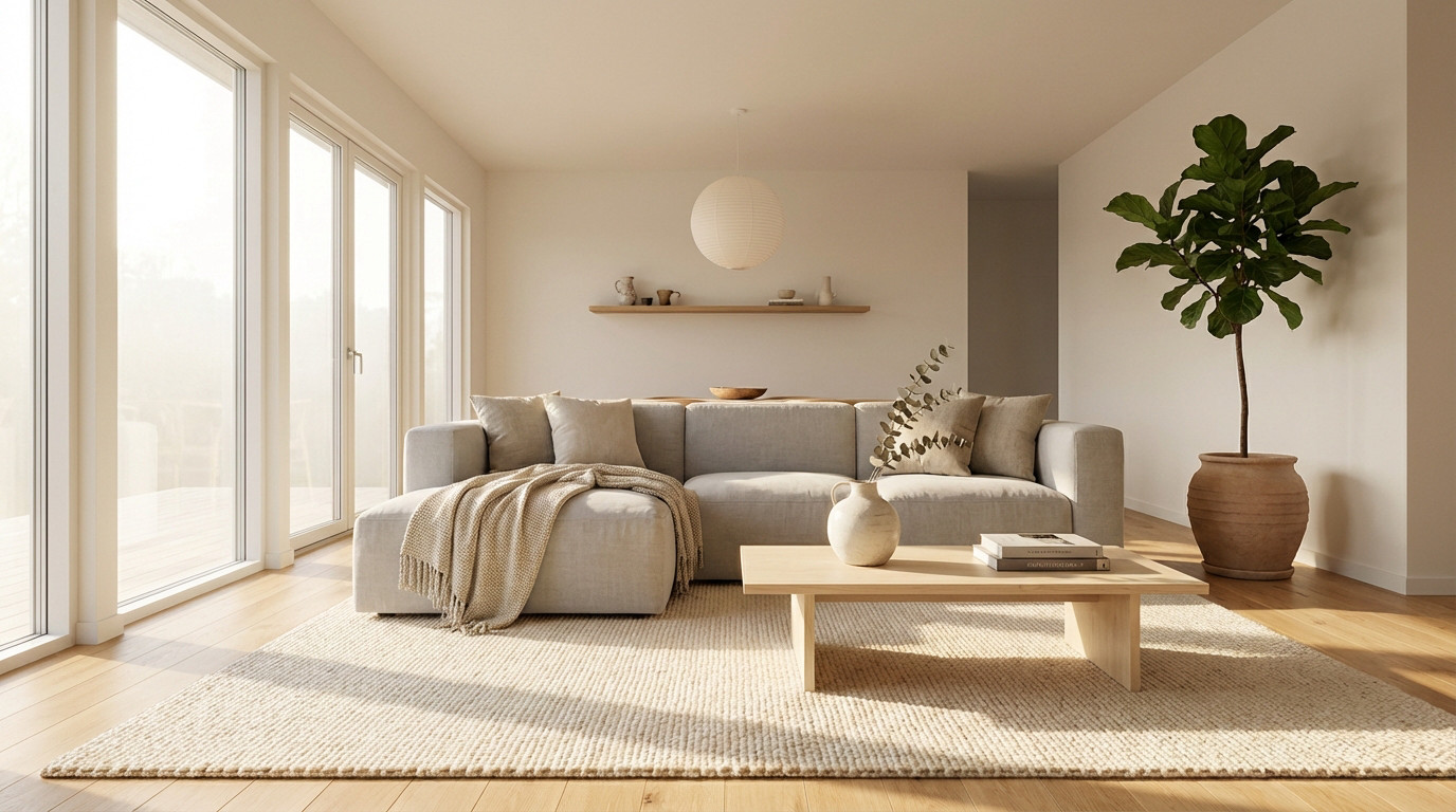 Serene Japandi living room with a light grey sofa, wooden coffee table, large windows, and abundant natural light.
