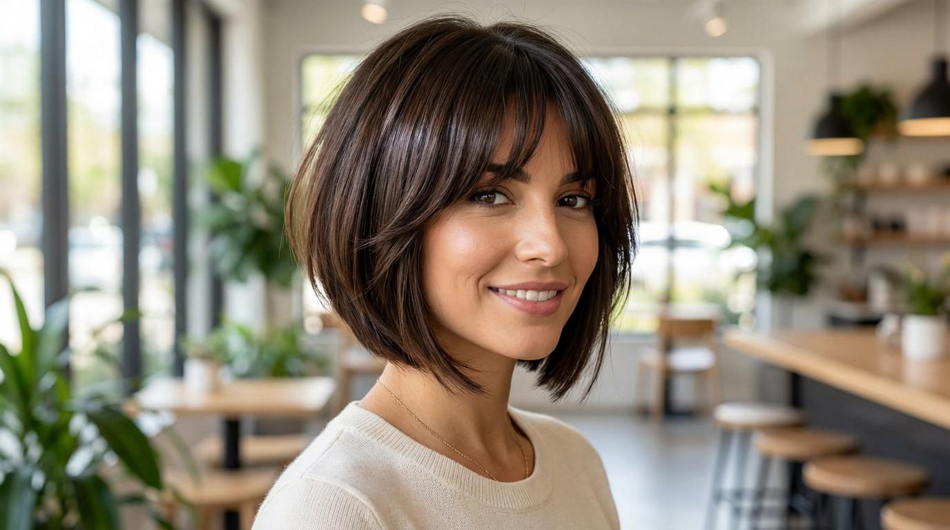 Smiling woman with a stylish "coupe carré court plongeant avec frange rideau" in a bright cafe.