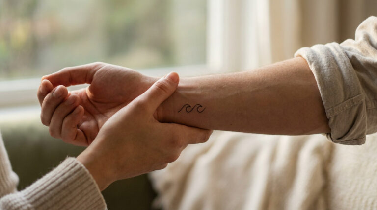 Two hands gently touching, highlighting a small wave tattoo on a wrist. Intimate scene with soft lighting and blurred background.