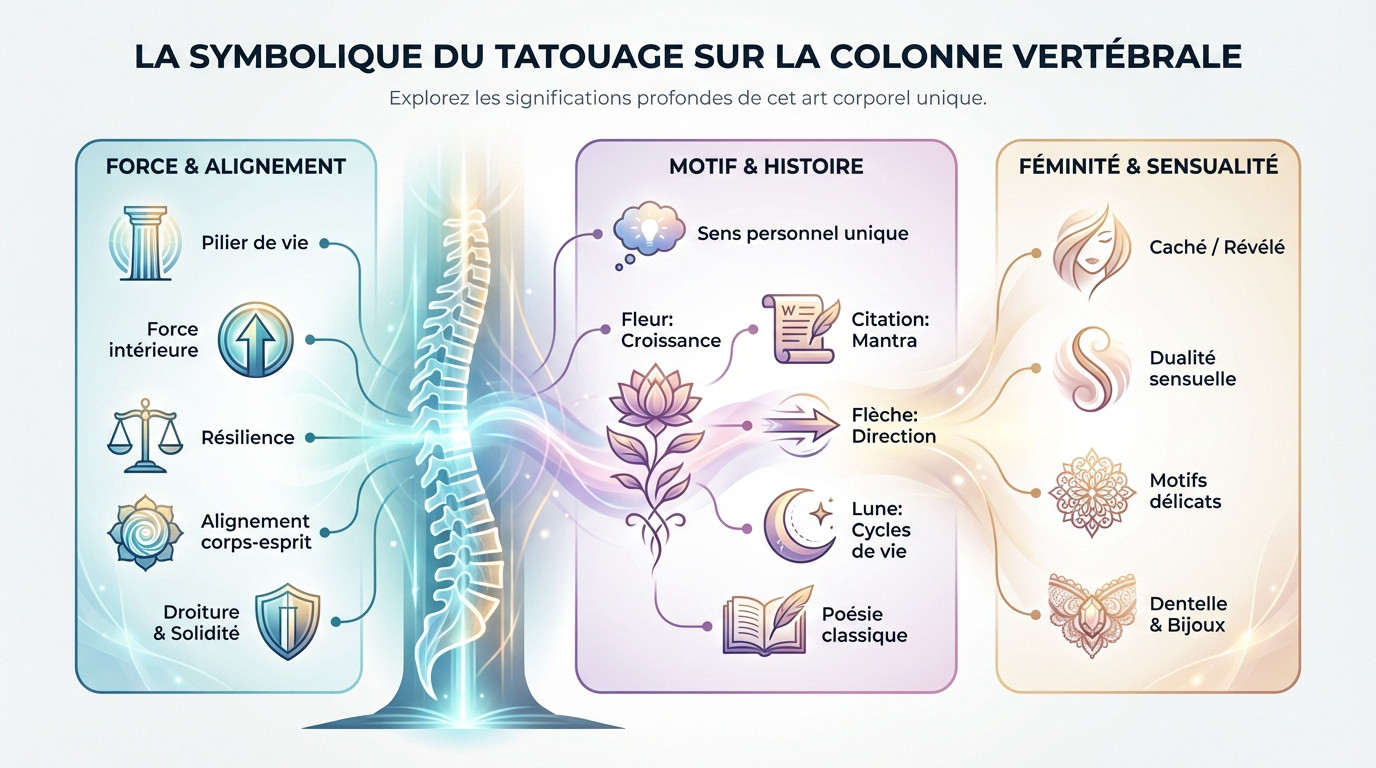 Femme avec un tatouage colonne vertébrale femme motif floral vertical symbolisant la force