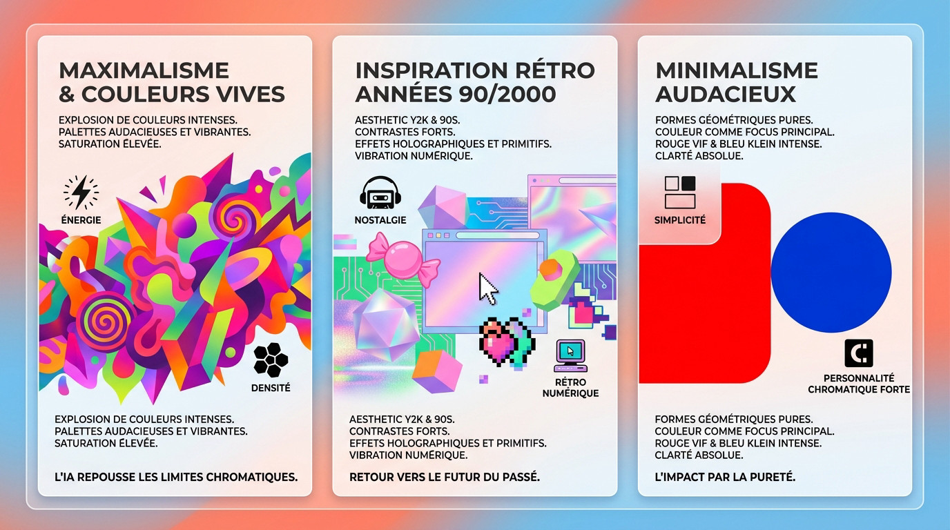Collage artistique montrant des palettes de couleurs vives, rétro et minimalistes générées par IA