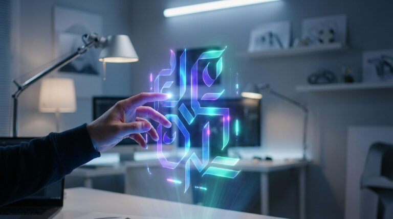 A hand interacts with a vibrant, ethereal holographic projection of abstract geometric patterns in electric blues, purples, and teals.