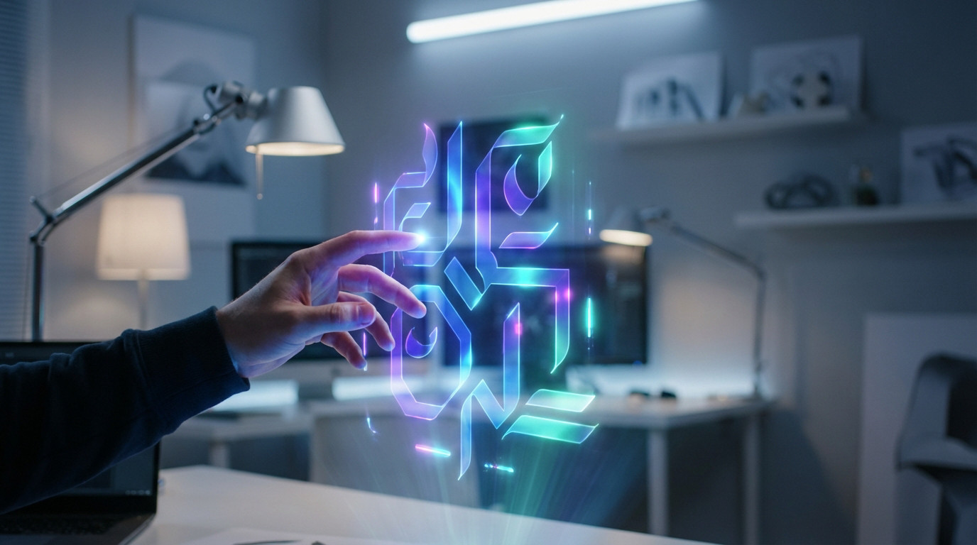 A hand interacts with a vibrant, ethereal holographic projection of abstract geometric patterns in electric blues, purples, and teals.