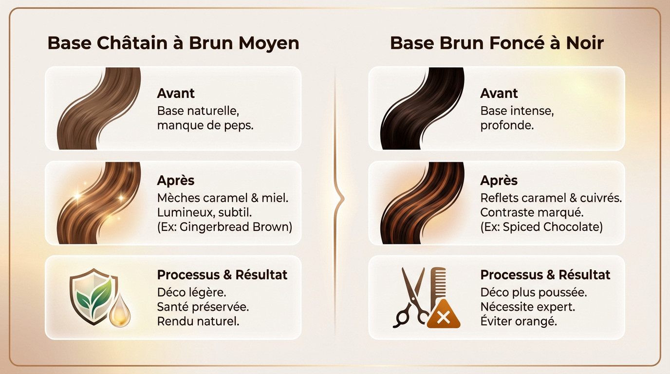 Exemples de transformations avant après balayage caramel et cuivré sur cheveux bruns