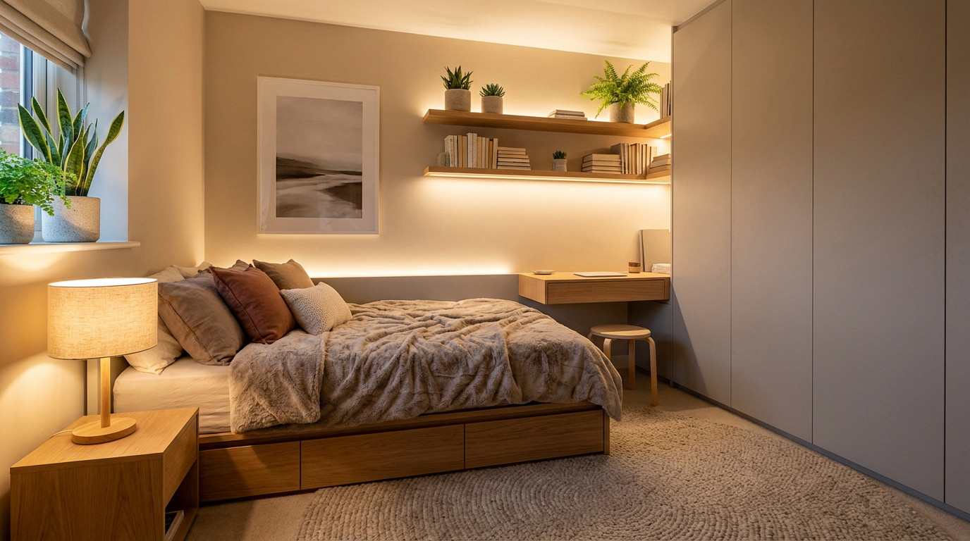 A warm, cozy small bedroom with a bed with drawers, floating desk, built-in wardrobe, and backlit shelves. Muted tones and soft lighting create an inviting atmosphere.