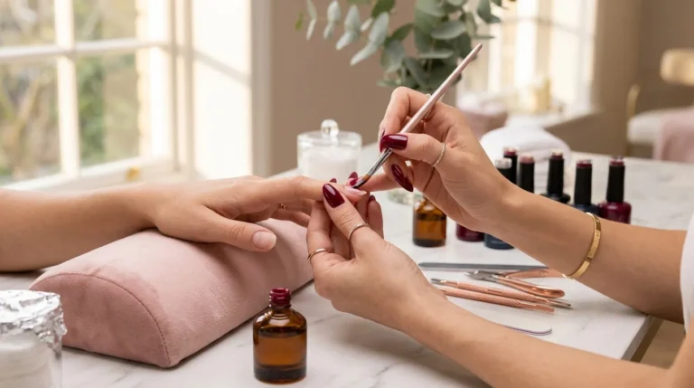 Manucure avec pose de vernis semi-permanent bordeaux en salon