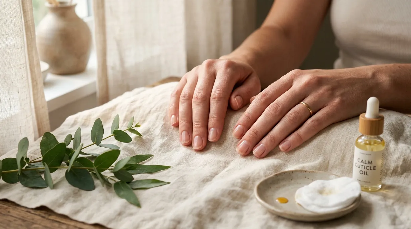 Huile pour cuticules appliquée sur des ongles naturels