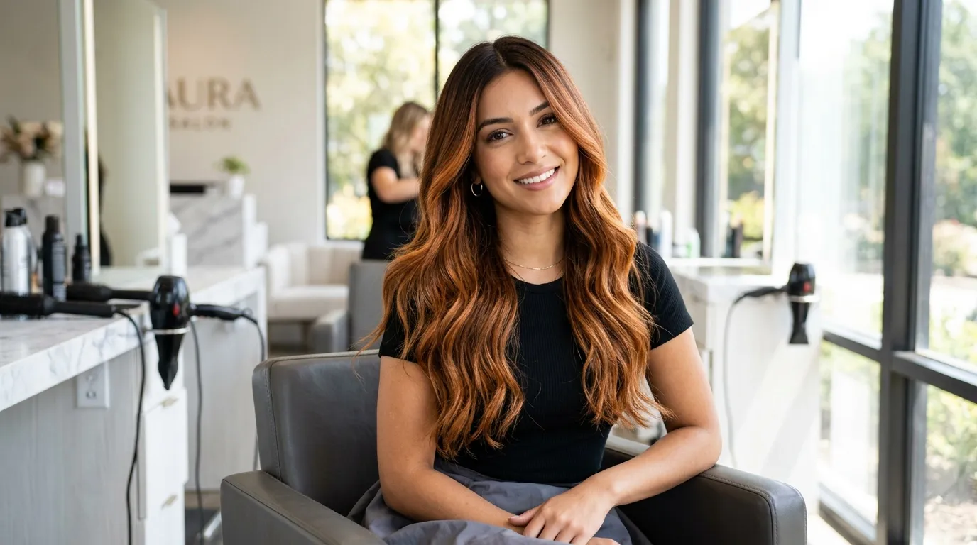 Femme souriante assise dans un salon de coiffure professionnel
