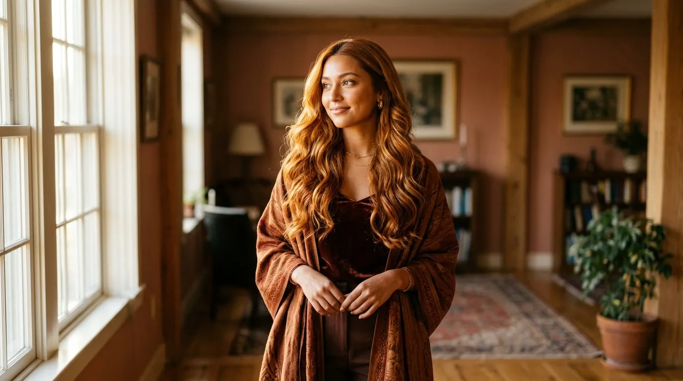Femme aux cheveux roux ondulés portant un cardigan marron dans un couloir.