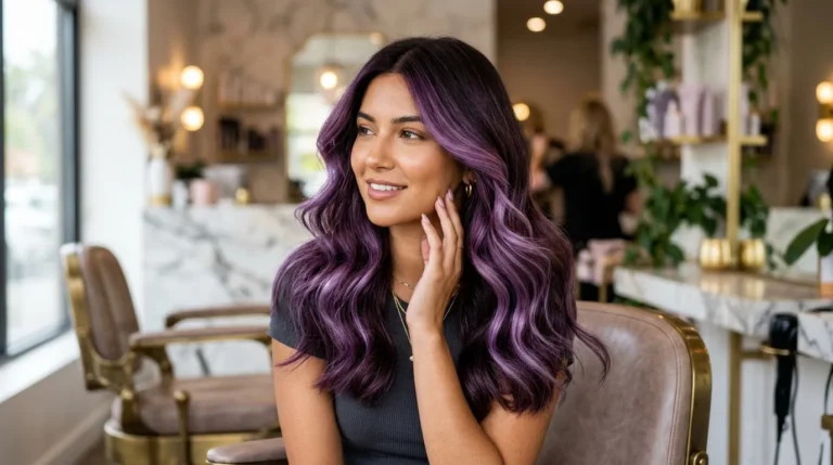 Femme souriante aux cheveux violets ondulés dans un salon élégant