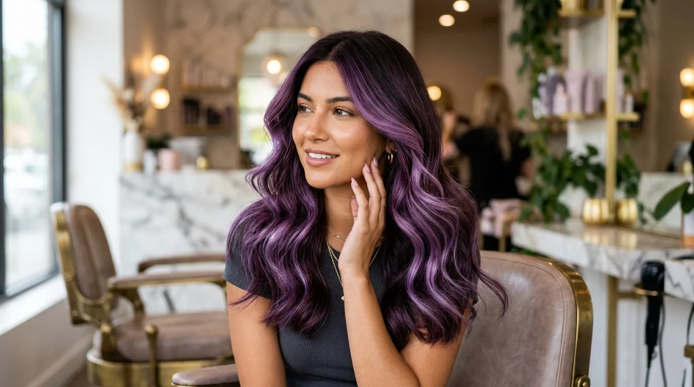 Femme souriante aux cheveux violets ondulés dans un salon élégant